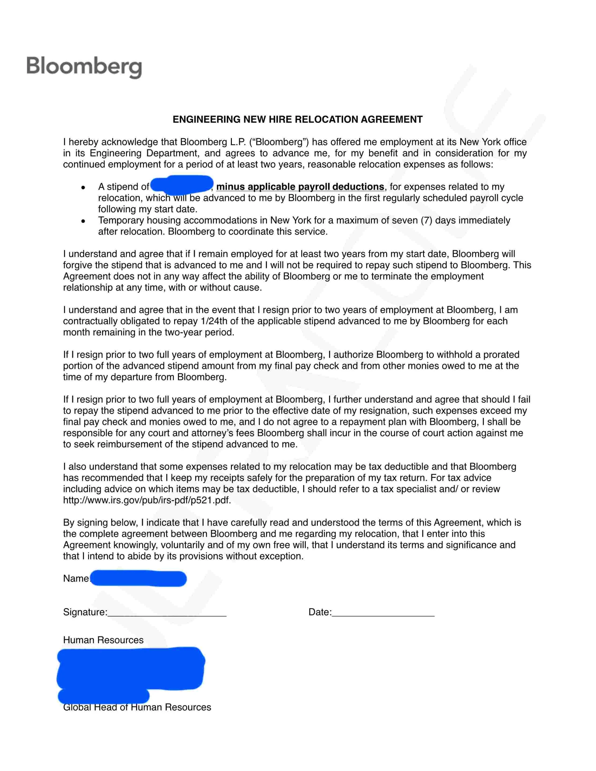 Redacted Bloomberg offer letter (first page)