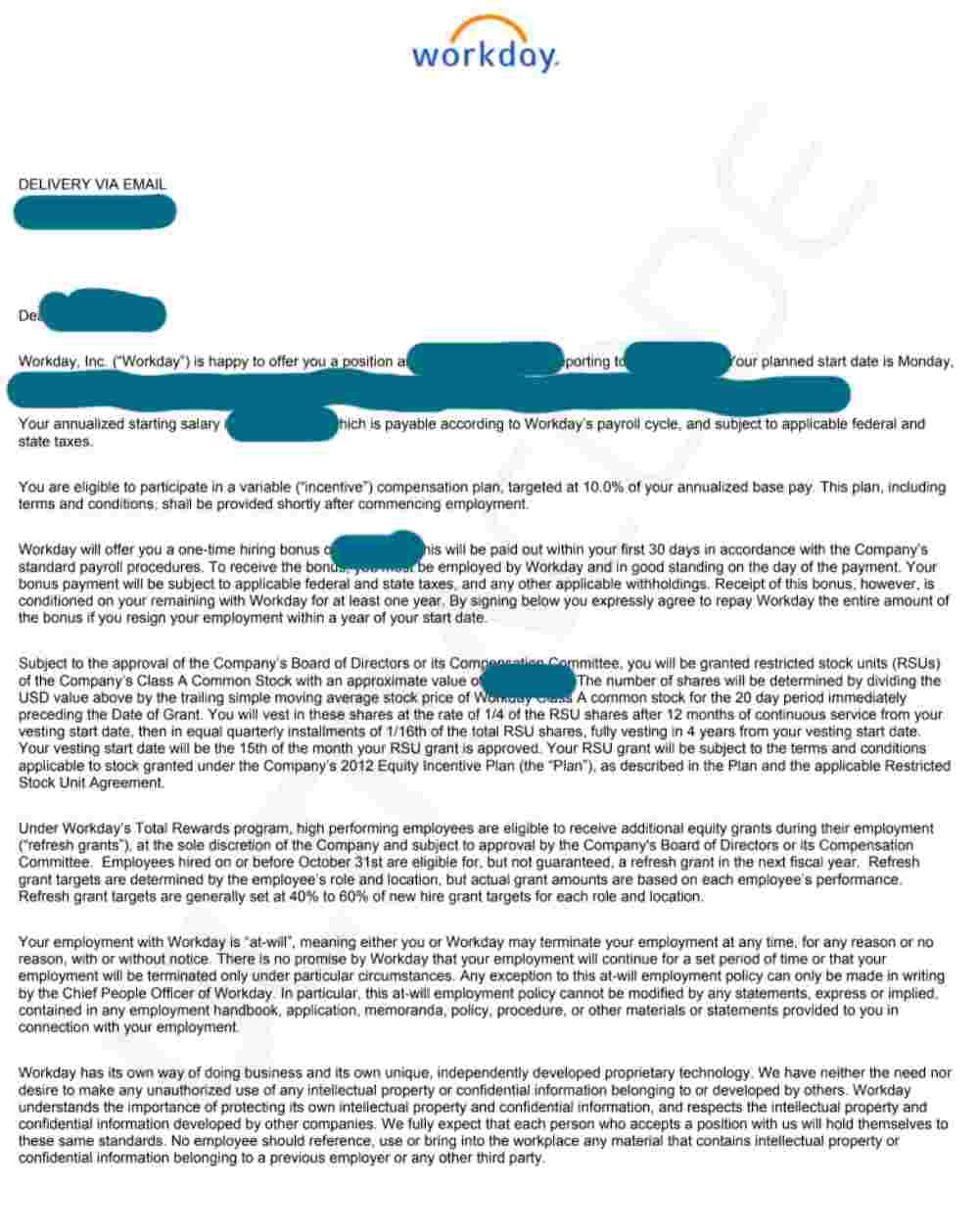 Redacted Workday offer letter (first page)