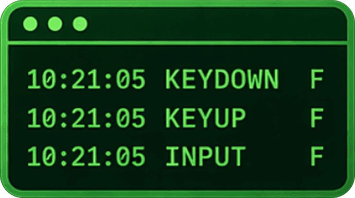 Keyboard event viewer logging KEYDOWN, KEYUP and INPUT events for a hotkey press