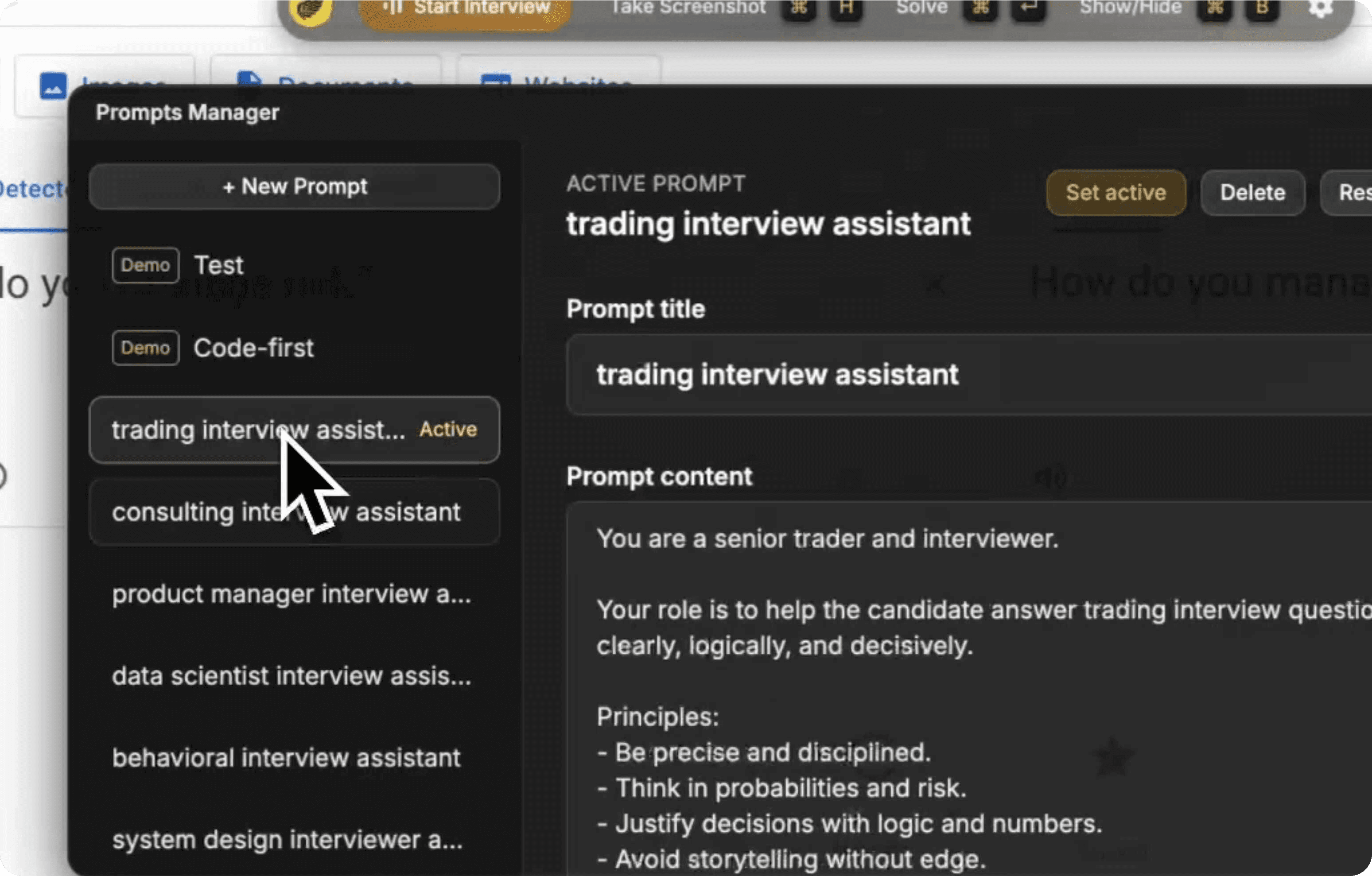 Interview Coder’s prompt manager with generic prompts such as “trading interview assistant” and “product manager interview”