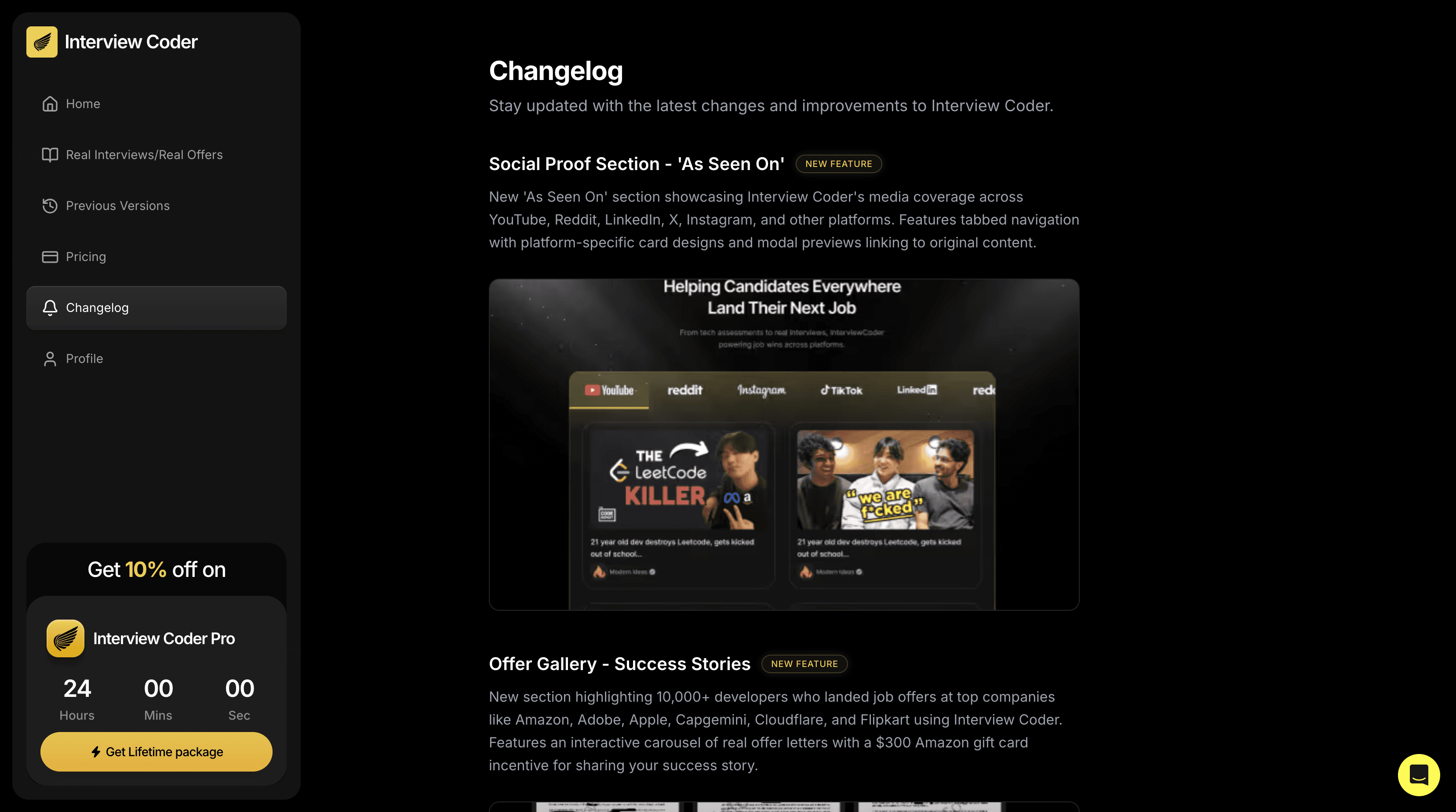 Interview Coder’s product changelog, listing homepage content changes as its latest features