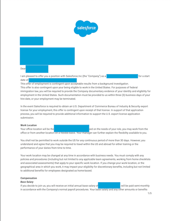 Redacted Salesforce offer letter (first page)