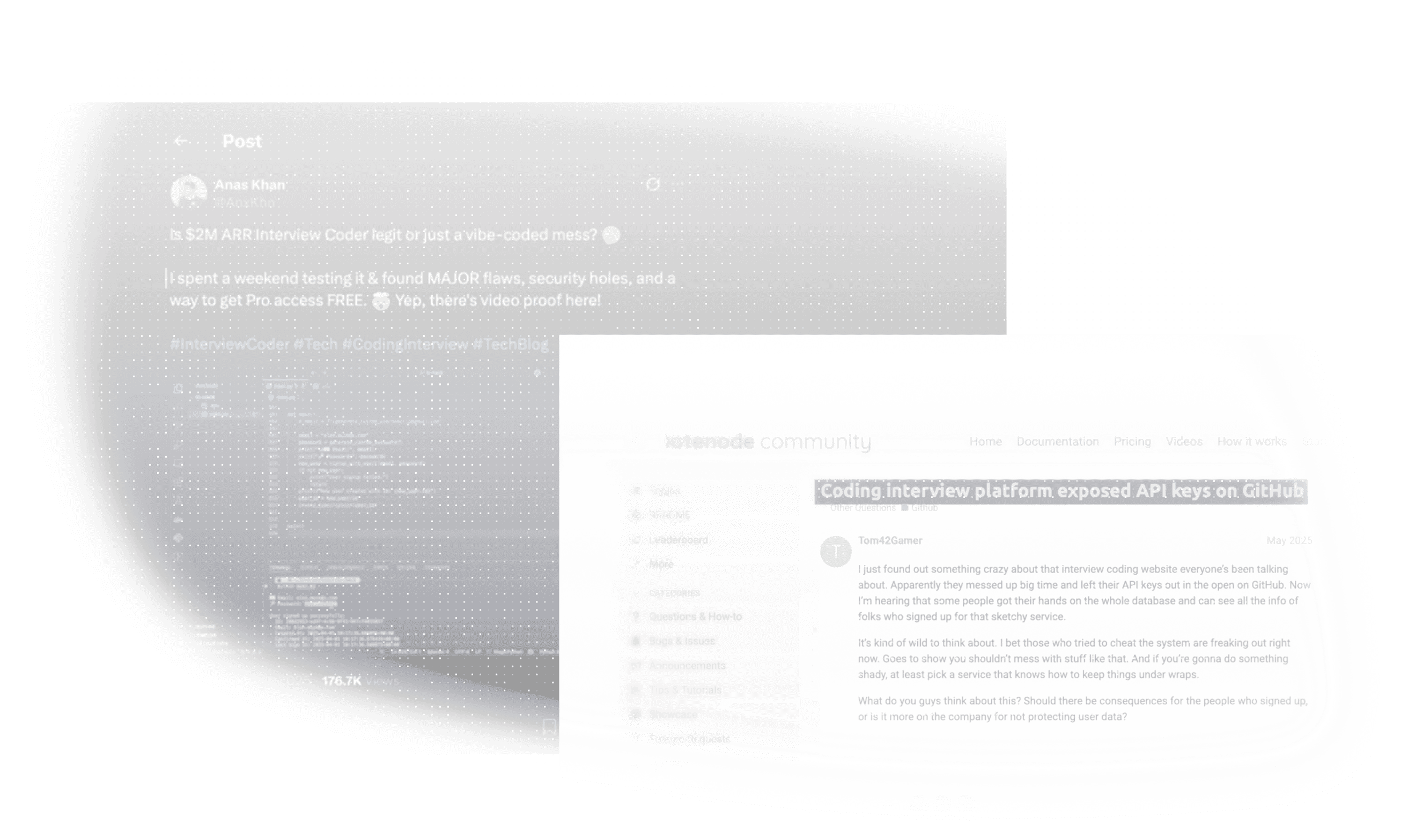 Evidence collage: an X post asking whether “$2M ARR Interview Coder” is legit after finding major security holes, and a latenode community thread titled “Coding interview platform exposed API keys on GitHub”.