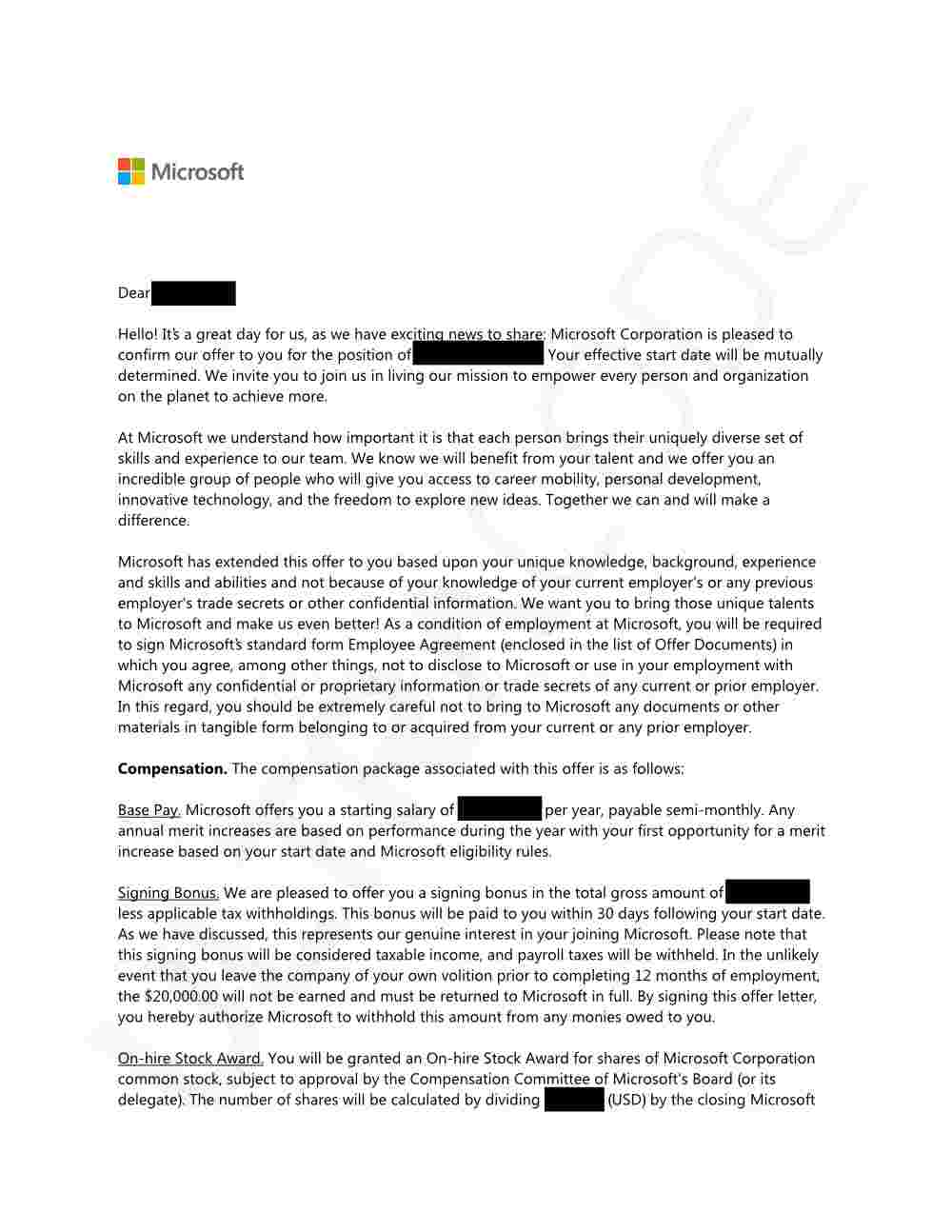 Redacted Microsoft offer letter (first page)