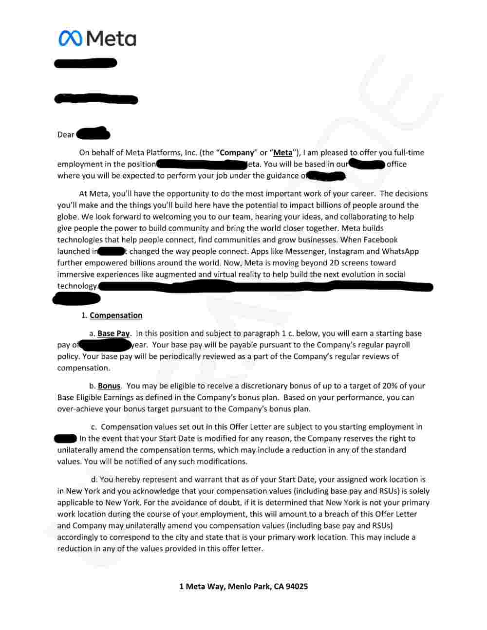 Redacted Meta offer letter (first page)