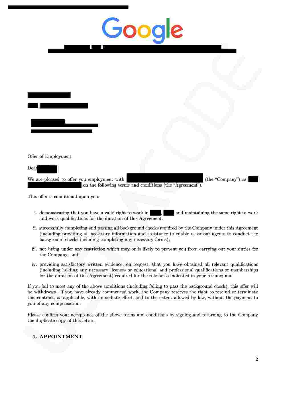 Redacted Google offer letter (first page)