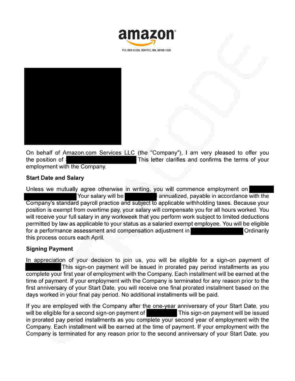 Redacted Amazon offer letter (first page)