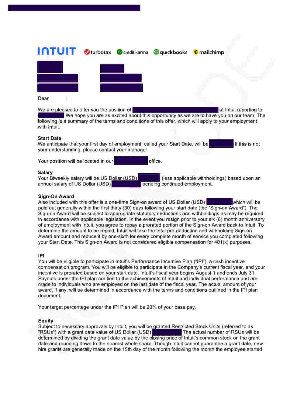 Redacted Intuit offer letter (first page)